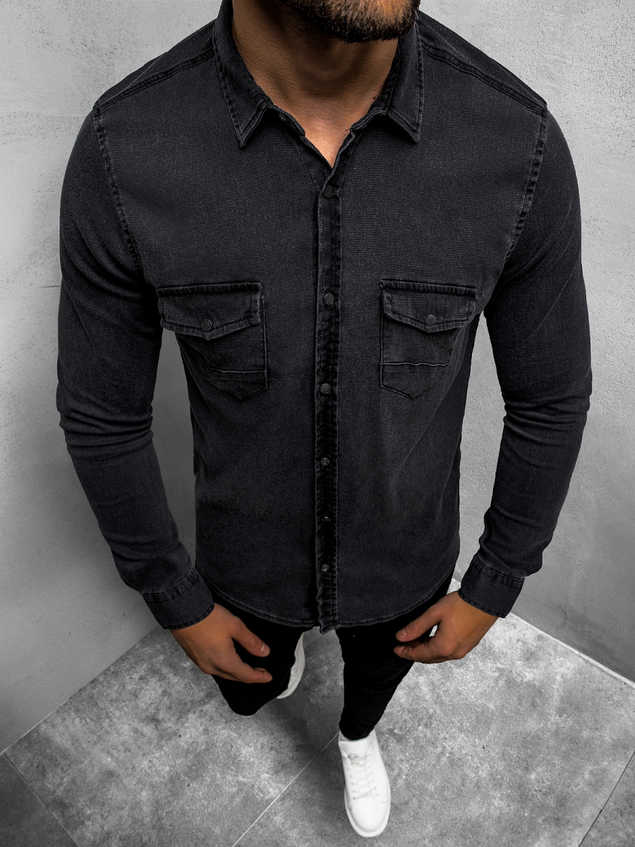 Men's Denim Shirt - Black OZONEE O/3360Z - Men's Clothing | Ozonee