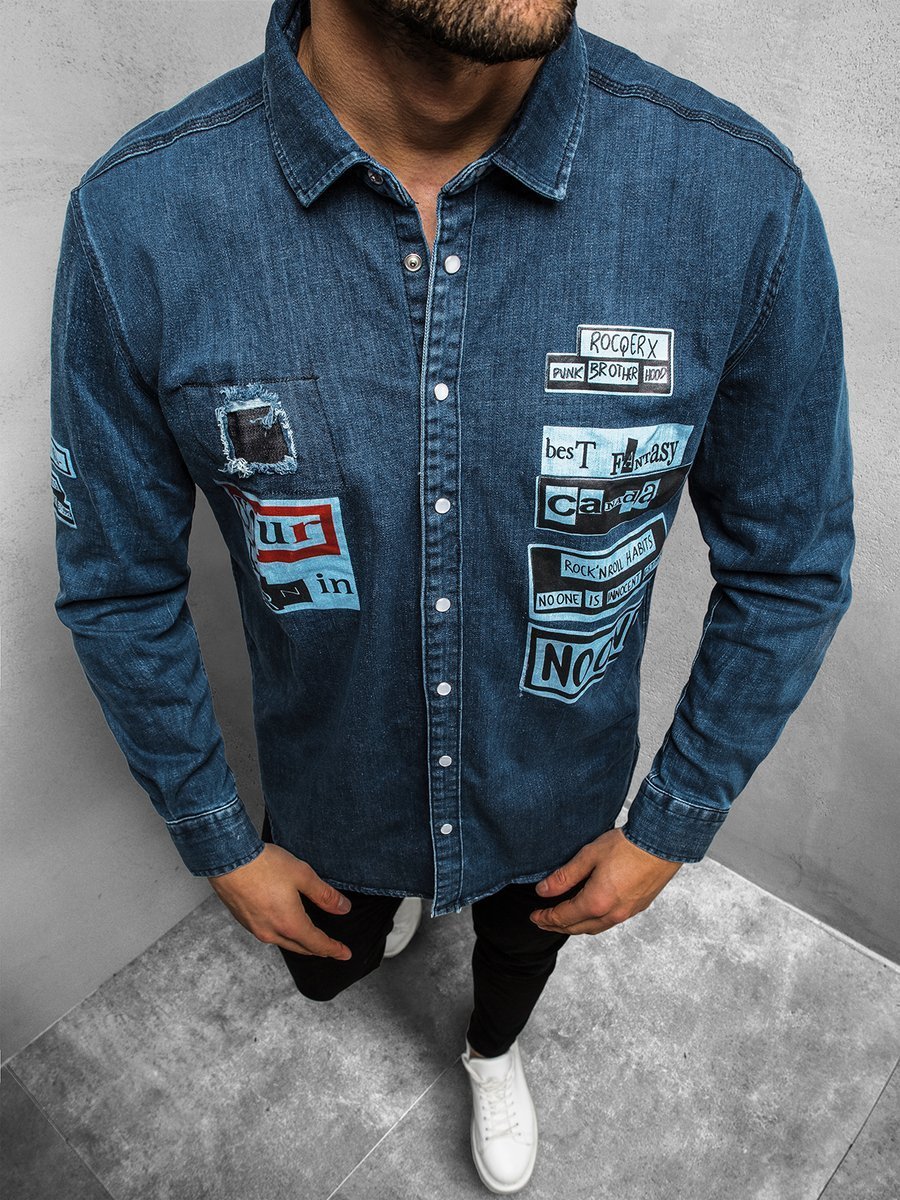 Men's Denim Shirt - Navy blue OZONEE O/5814Z - Men's Clothing | Ozonee