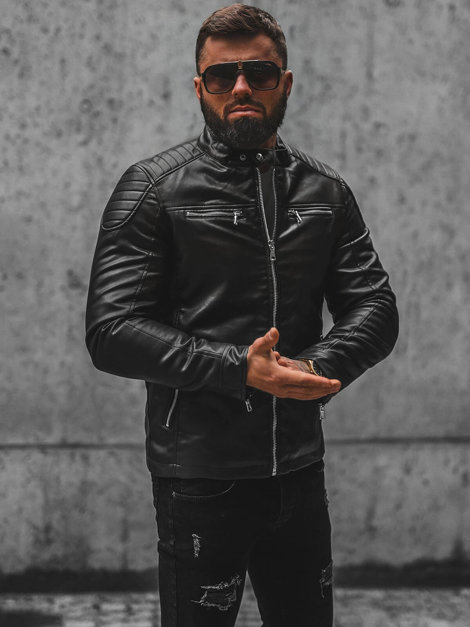 Men's Leather Jacket - Black OZONEE JS/11Z8001Z