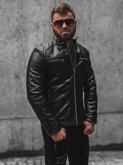 Men's Leather Jacket - Black OZONEE JS/11Z8003Z