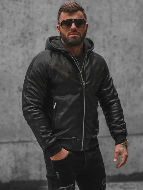 Men's Leather Jacket - Black OZONEE JS/11Z8004Z