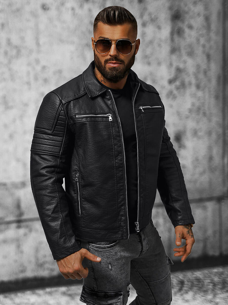 Men's Leather Jacket - Black OZONEE JS/11Z8013Z