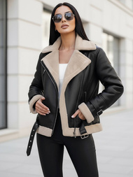 Women's Leather Jacket - Black-Beige OZONEE JS/11Z8177Z