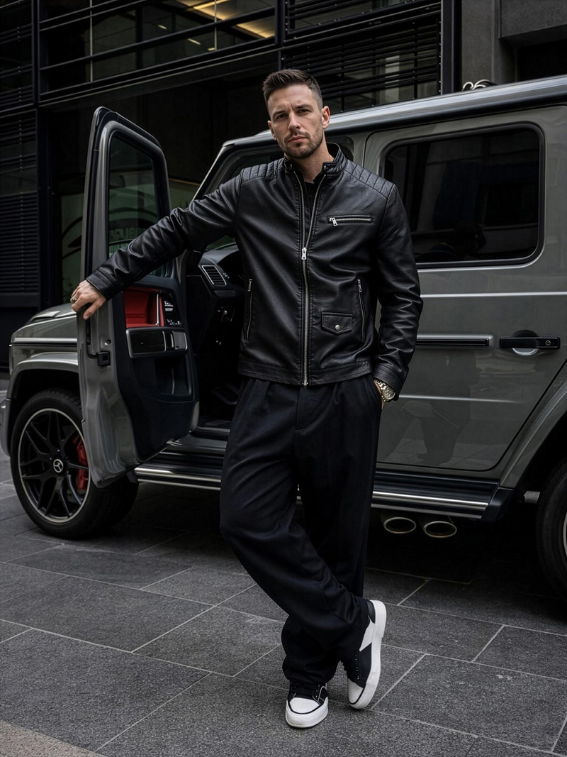 Men's Leather Jacket - Black OZONEE JS/11Z8021