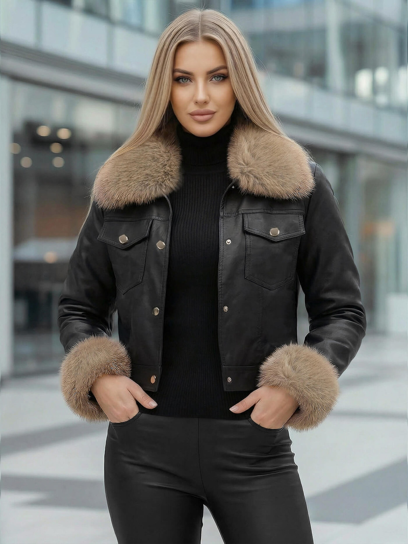 Women's Leather Jacket - Black-Beige OZONEE JS/61M8513/392B