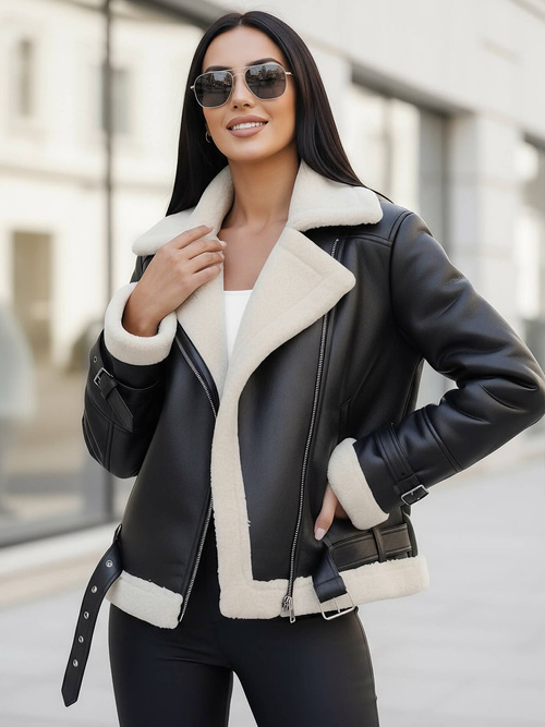 Women's Leather Jacket - Black/White OZONEE JS/11Z8177Z