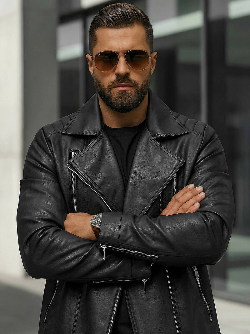 Men's Leather Jacket - Black OZONEE JS/11Z8067Z