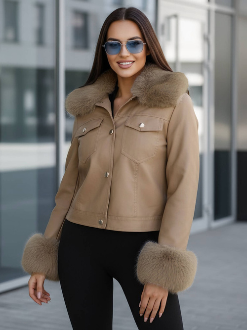 Women's Leather Jacket - Beige OZONEE JS/61M8513/84Z