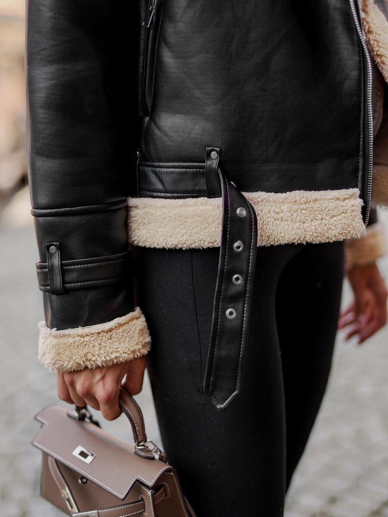 Women's Leather Jacket - Black-Beige OZONEE JS/11Z8177