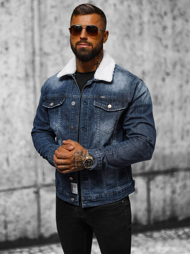 Men's Denim Jacket Sherpa Dark Blue OZONEE NB/MJ516BSZ