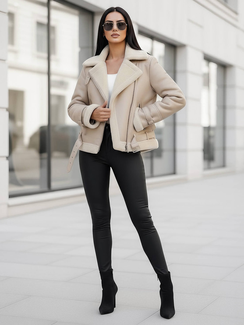 Women's Leather Jacket Beige OZONEE JS/11Z8177Z