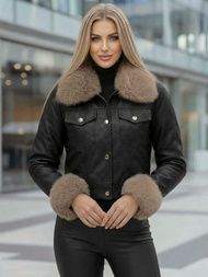 Women's Leather Jacket - Black-Beige OZONEE JS/61M8513/392B