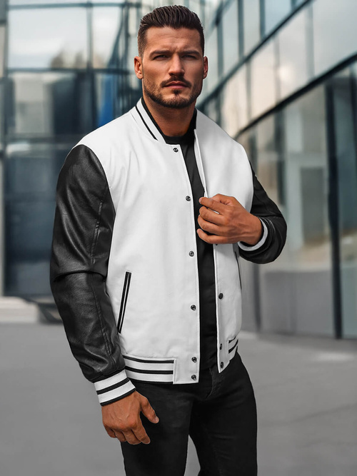 Men's Leather Jacket - White-Black OZONEE JS/11Z8068Z