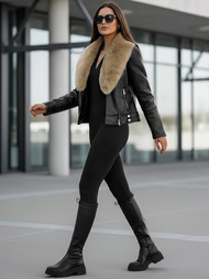 Women's Leather Jacket - Black-Beige OZONEE JS/61M8508/392BZ