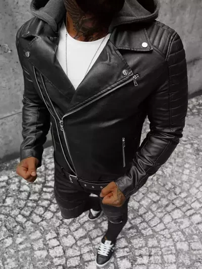 Men's Leather Jacket - Black OZONEE JS/11Z8005