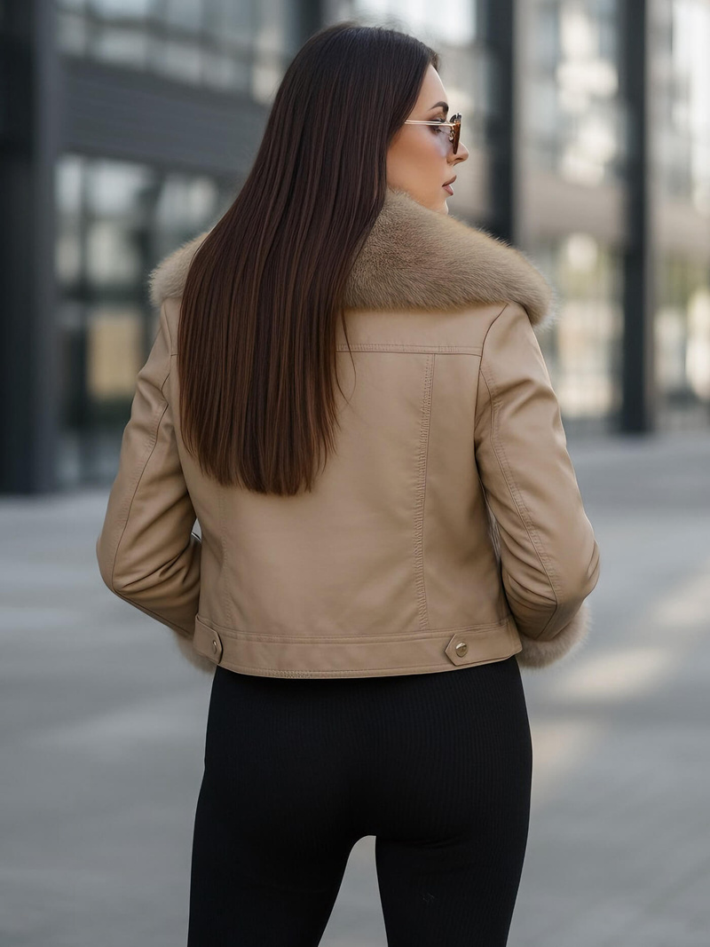 Women's Leather Jacket - Beige OZONEE JS/61M8513/84Z