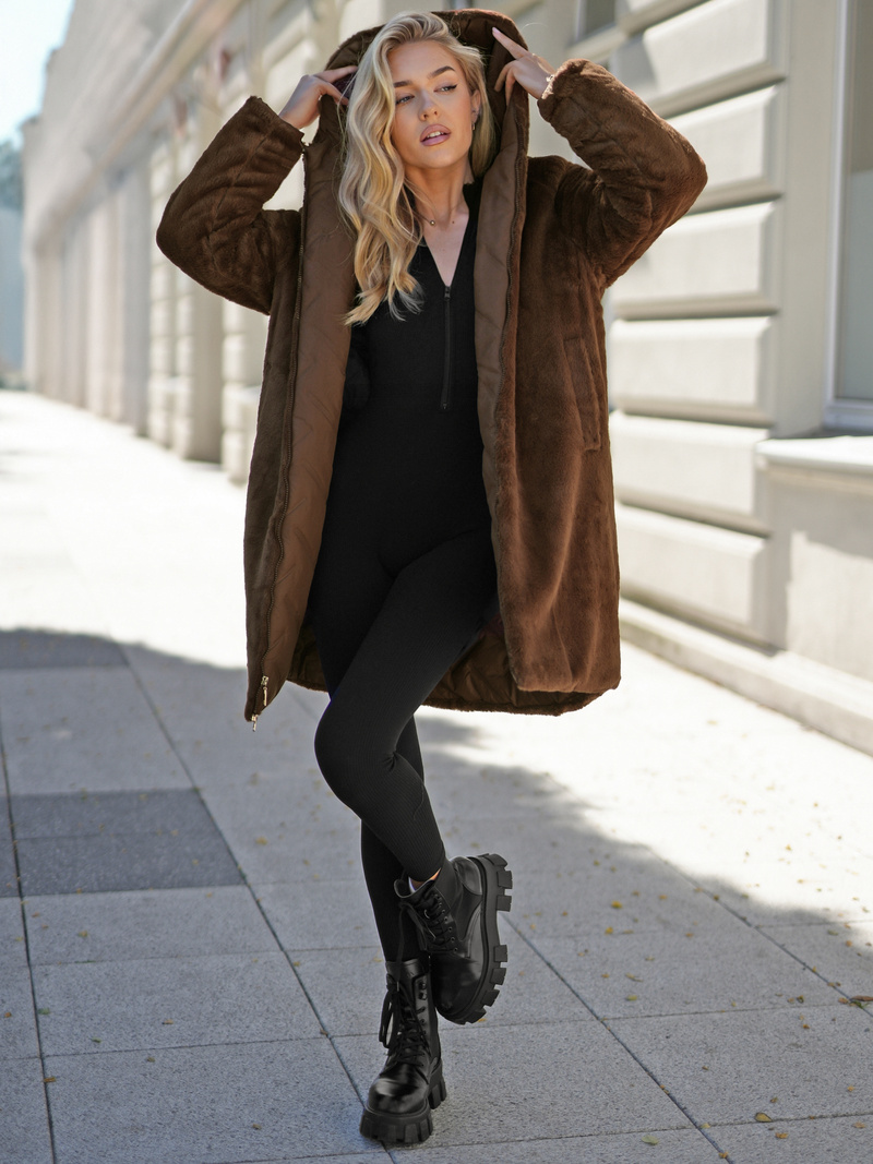 Women's long winter jacket - chocolate OZONEE JS/5M3352/158