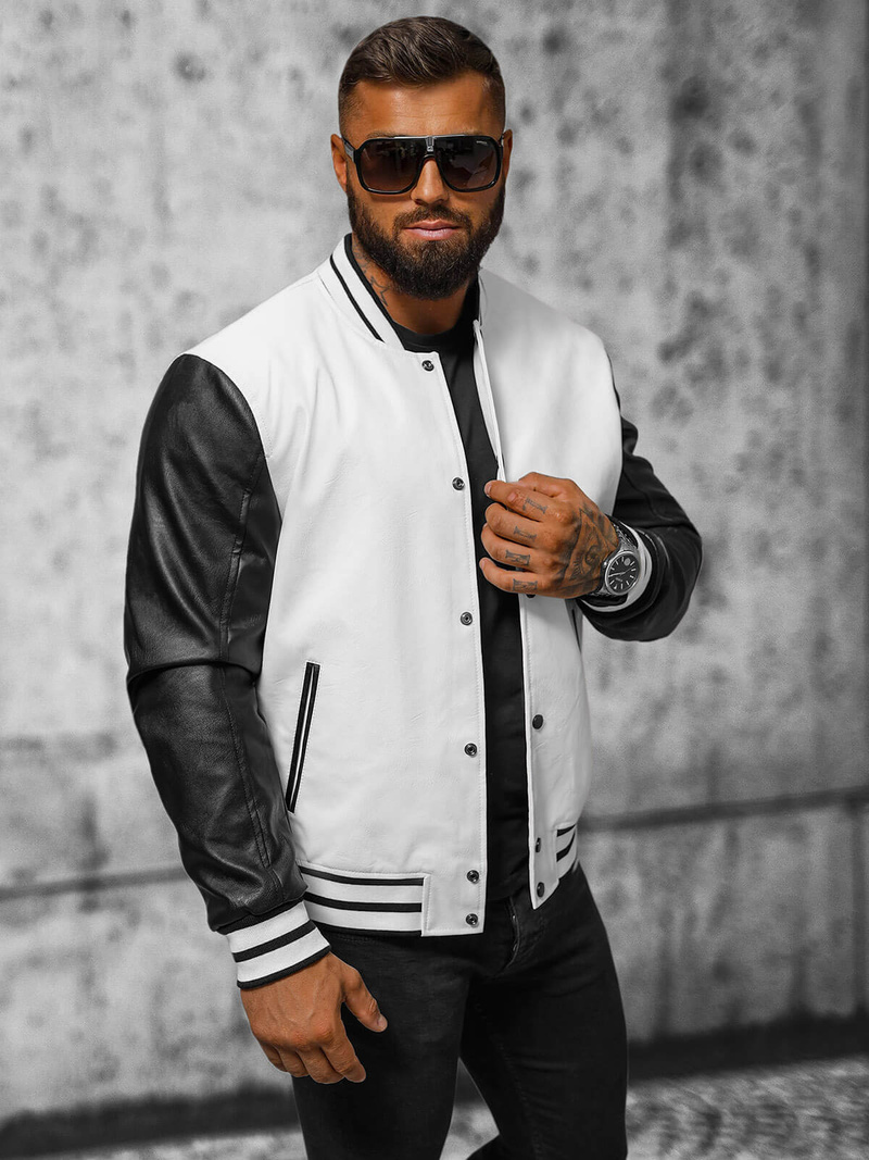 Men's Leather Jacket - White-Black OZONEE JS/11Z8068