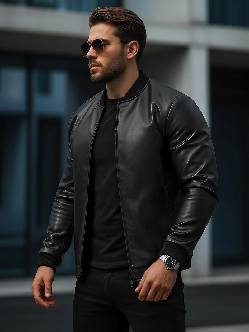 Men's Leather Jacket - Black OZONEE JS/11Z8015Z