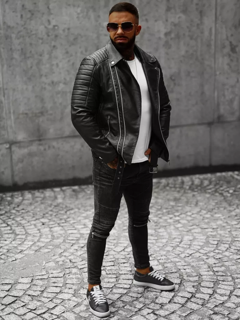 Men's Leather Jacket - Black OZONEE JS/11Z8005