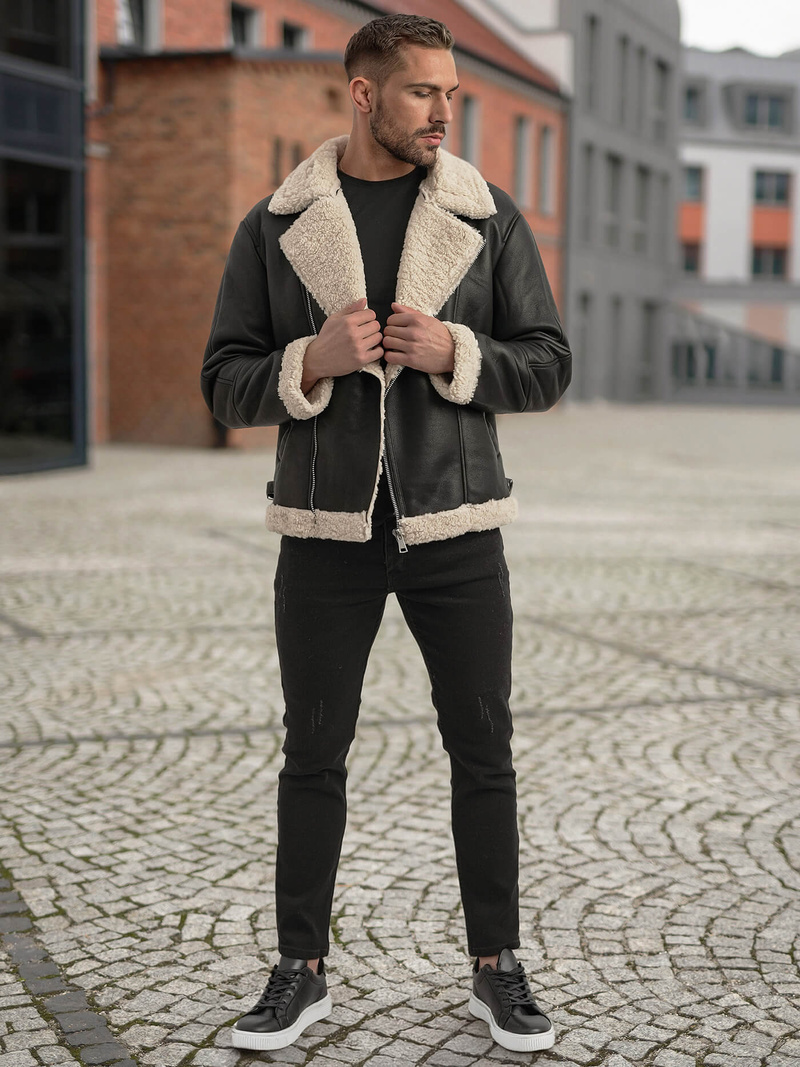 Men's Leather Jacket - Black OZONEE JS/11Z8273