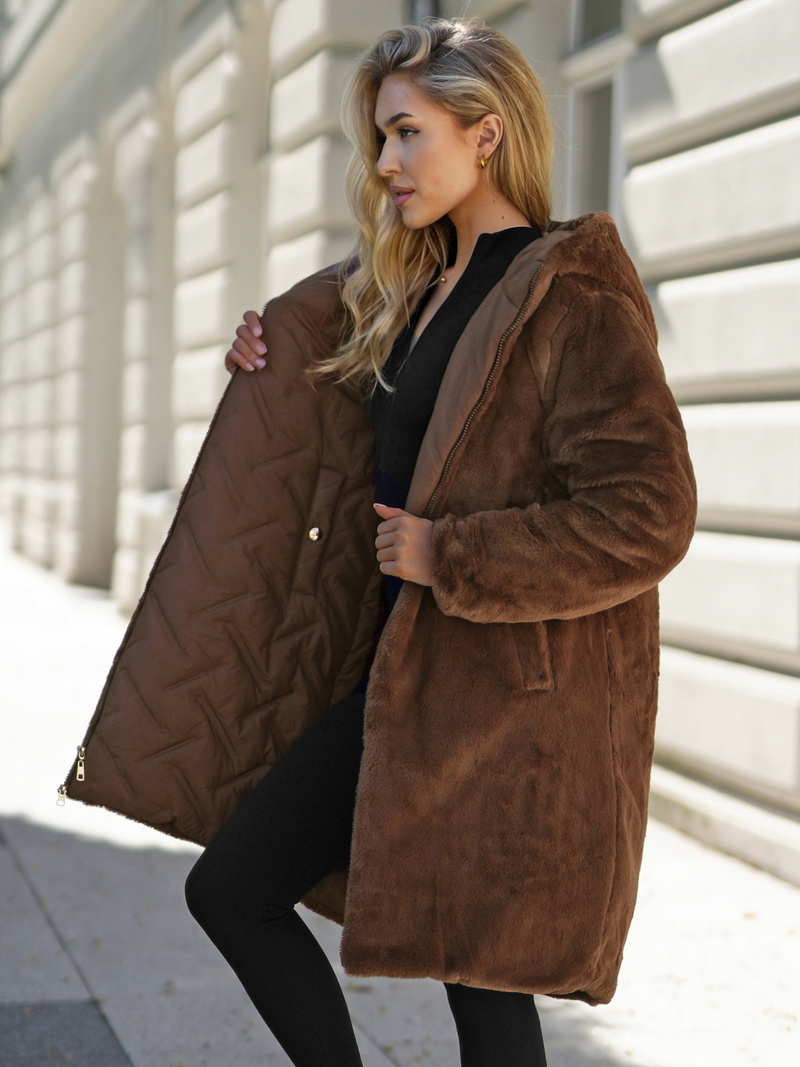 Women's long winter jacket - chocolate OZONEE JS/5M3352/158