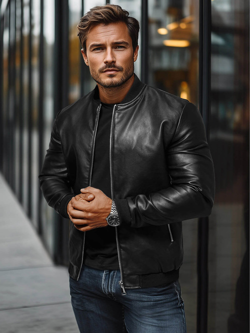 Men's Leather Jacket - Black OZONEE JS/11Z8106Z