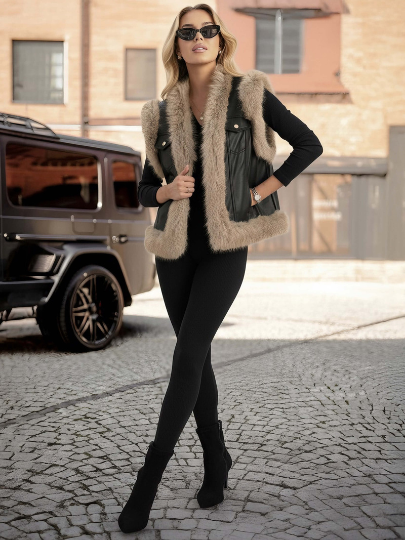 Women's Leather Gilet - Black OZONEE JS/61M8516/392