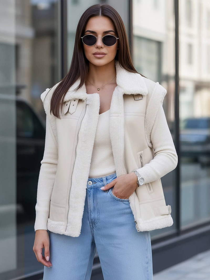 Women's Leather Gilet - Beige OZONEE JS/61M8503/280Z