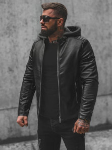 Men's Leather Jacket - Black OZONEE JS/11Z8012Z