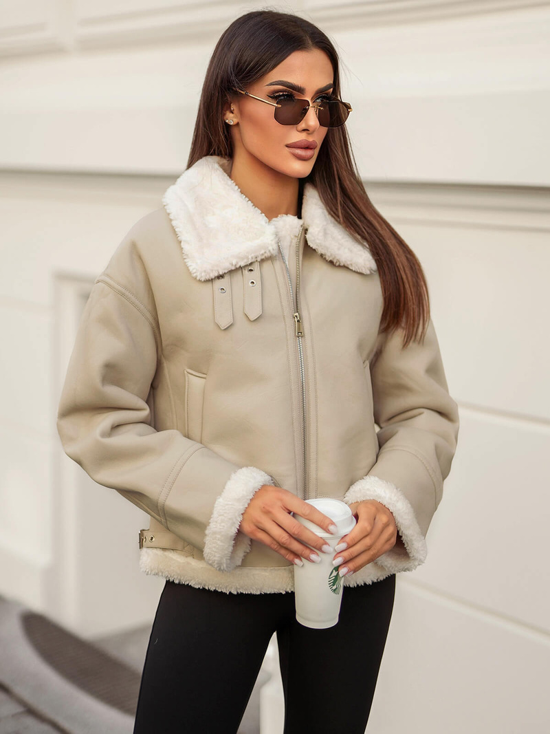 Women's Leather Jacket Beige OZONEE JS/11Z8178