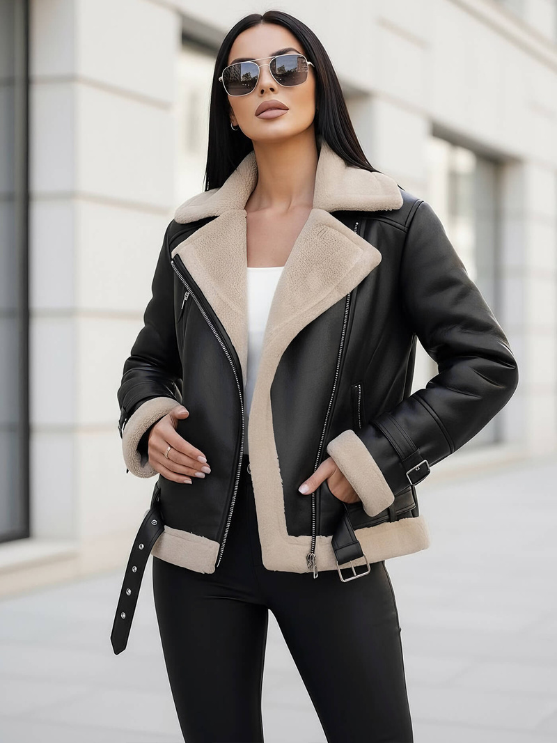 Women's Leather Jacket - Black-Beige OZONEE JS/11Z8177Z