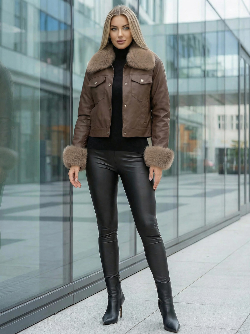 Women's Leather Jacket - Chocolate OZONEE JS/61M8513/158