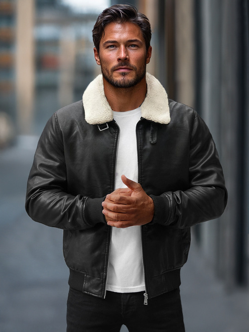 Men's Leather Jacket - Black OZONEE JB/JP1178Z