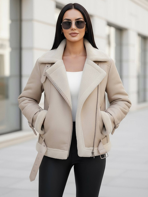 Women's Leather Jacket Beige OZONEE JS/11Z8177Z