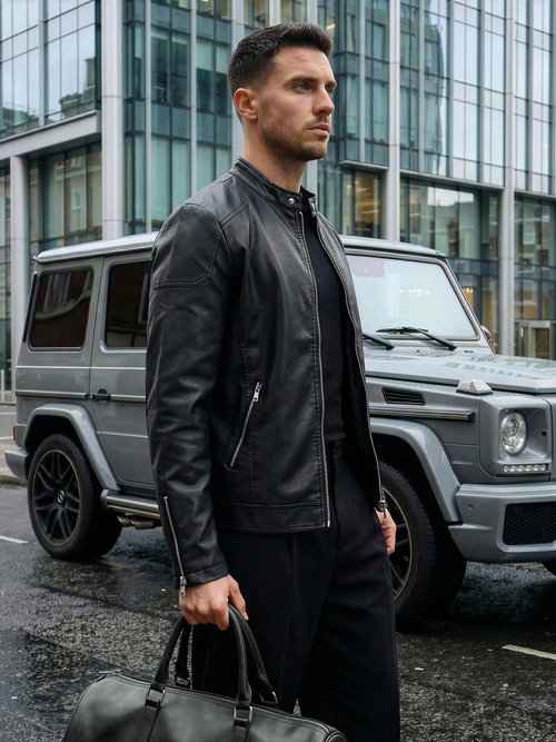 Men's Leather Jacket - Black OZONEE JS/11Z8027