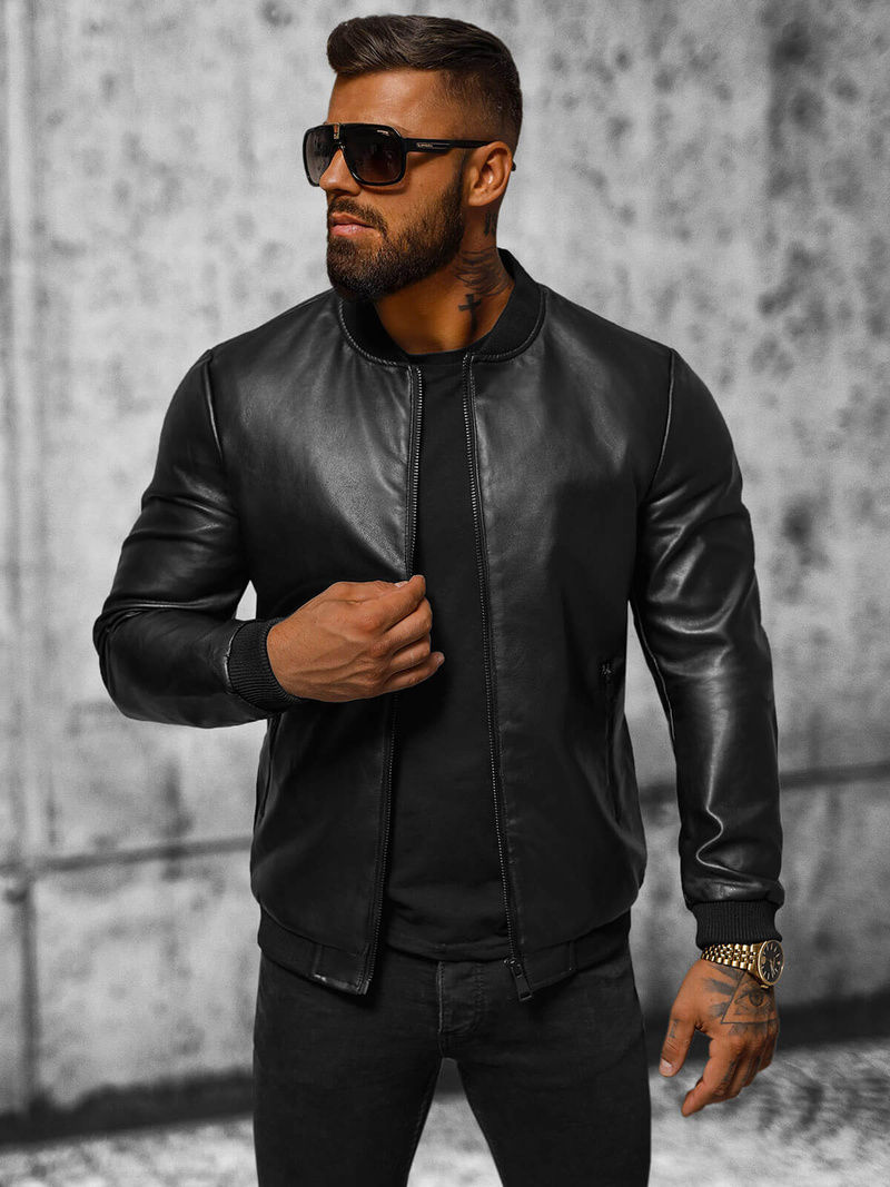 Men's Leather Jacket - Black OZONEE JS/11Z8107