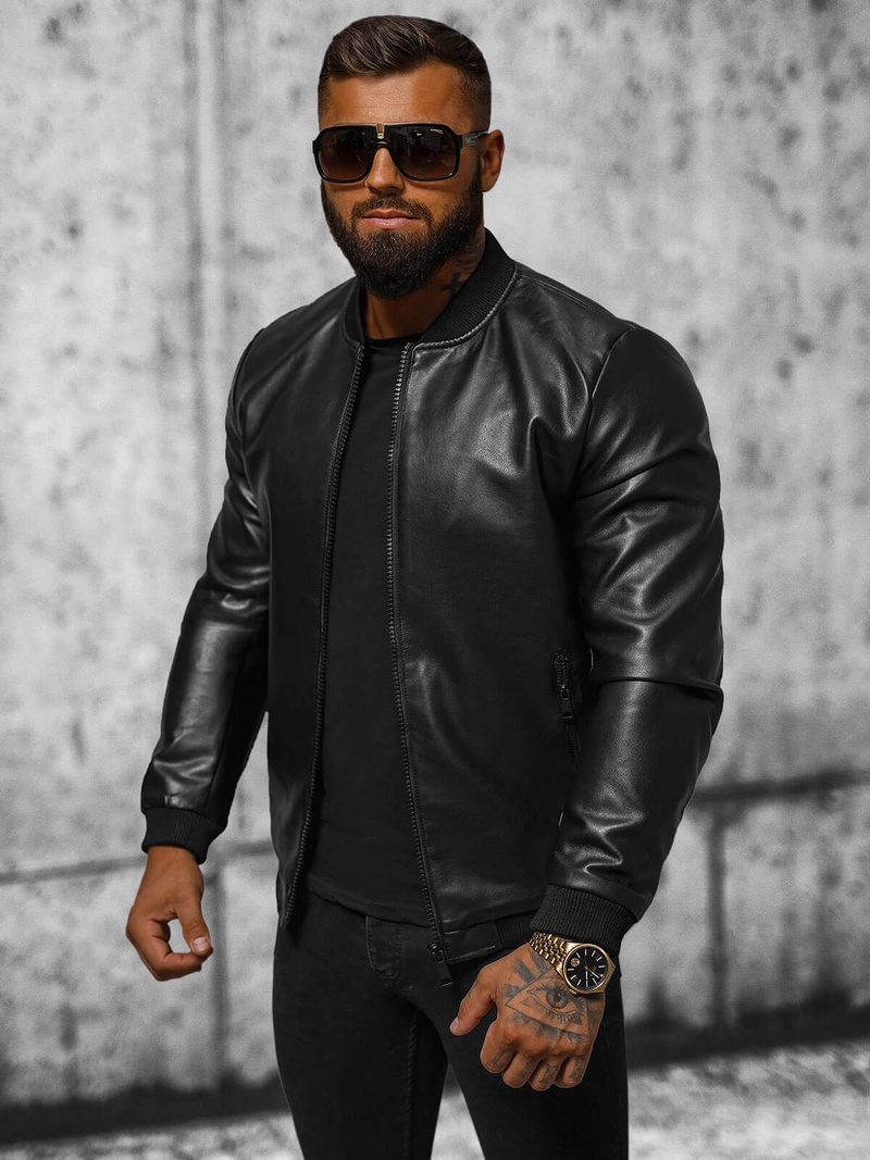 Men's Leather Jacket - Black OZONEE JS/11Z8105