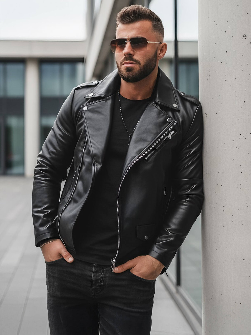 Men's Leather Jacket - Black OZONEE JS/11Z8014Z