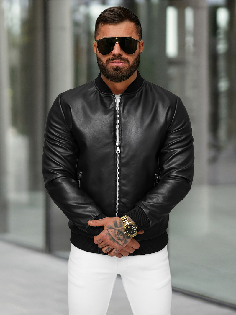 Men's Leather Jacket - Black OZONEE JS/11Z8107