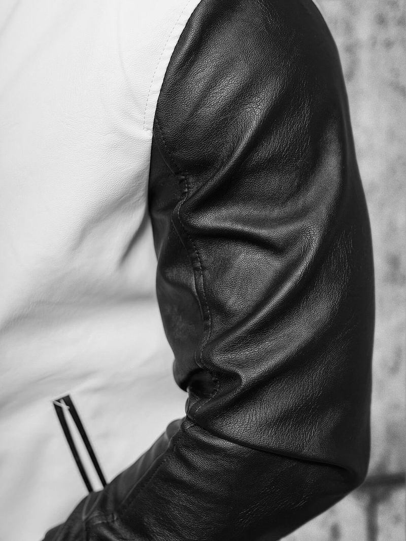 Men's Leather Jacket - White-Black OZONEE JS/11Z8068