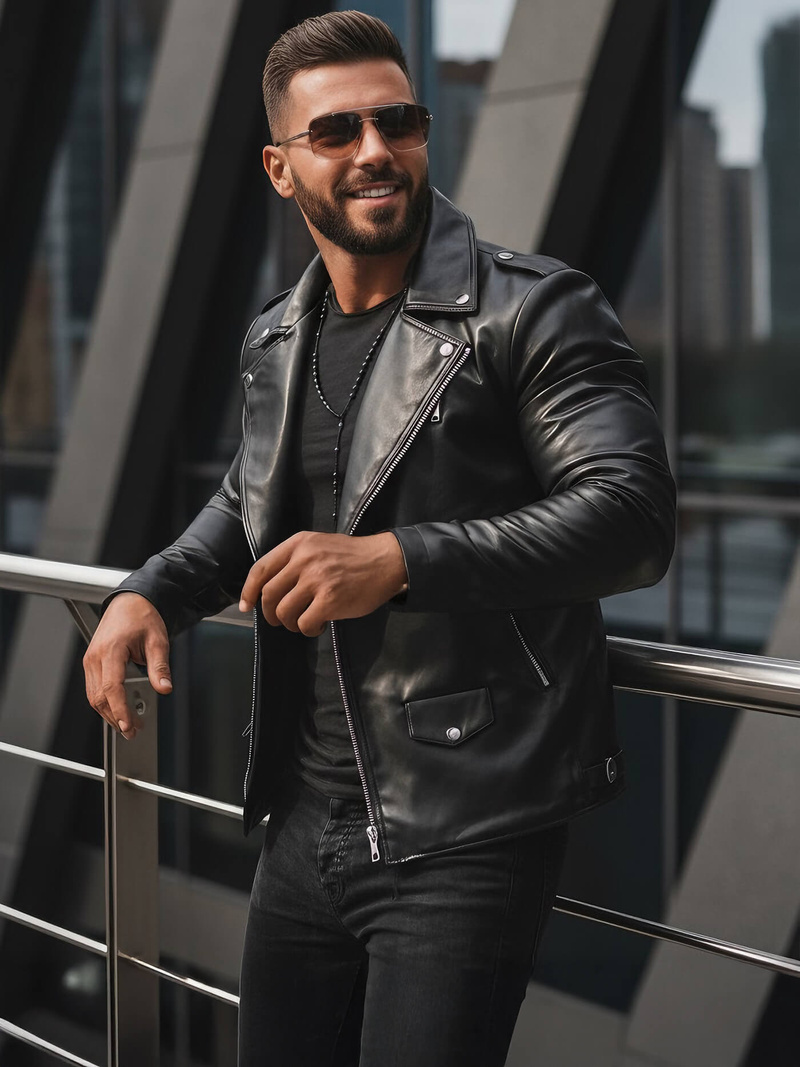 Men's Leather Jacket - Black OZONEE JS/11Z8014Z