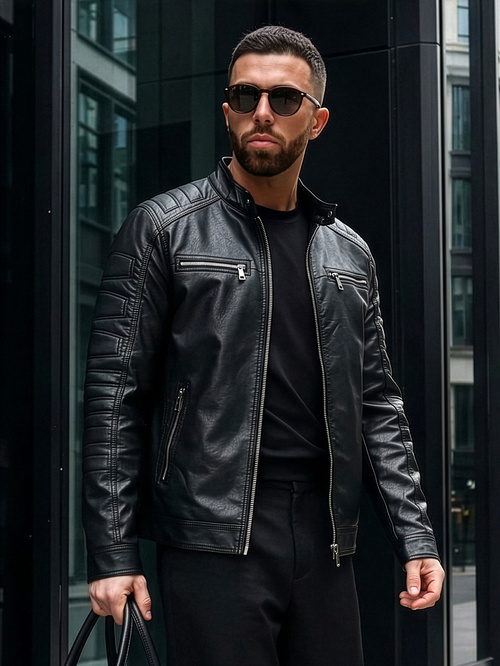 Men's Leather Jacket - Black OZONEE JS/11Z8138