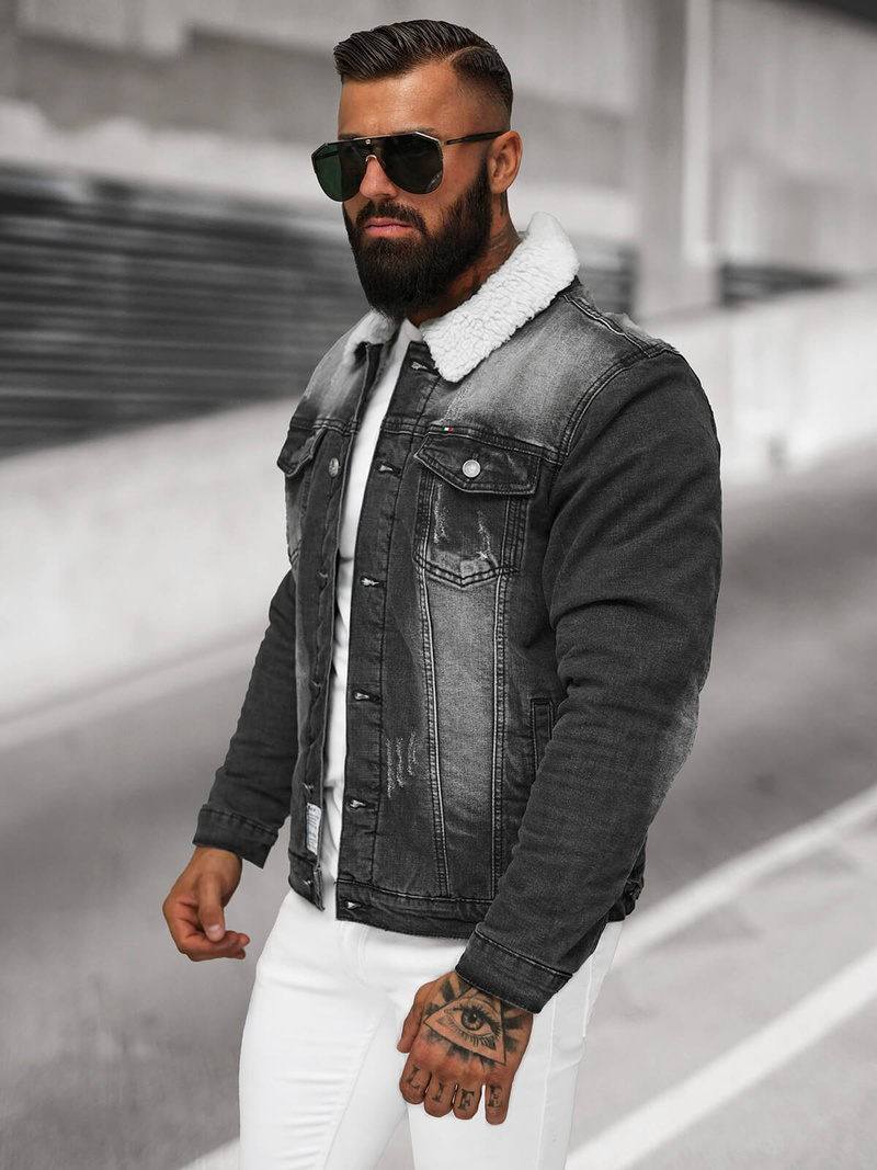 Men's Denim Jacket Sherpa Black OZONEE NB/MJ513N