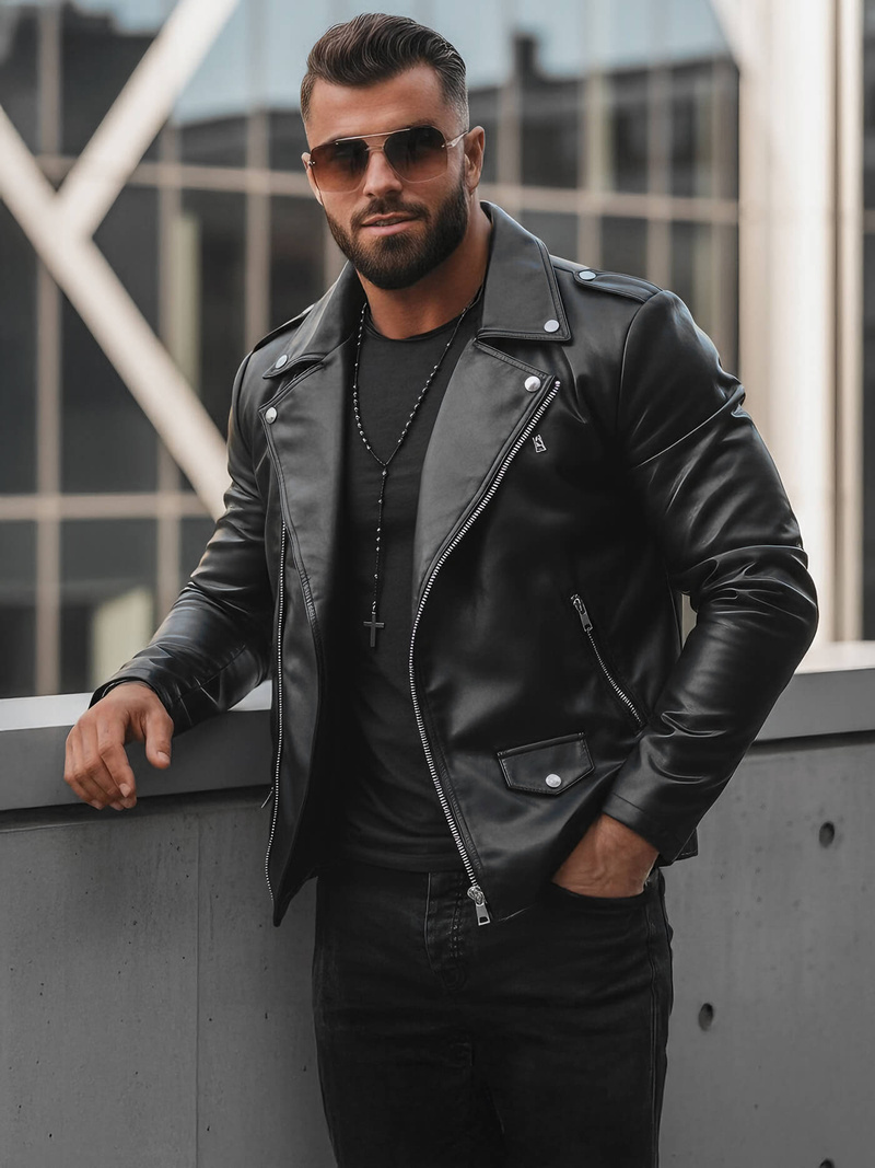 Men's Leather Jacket - Black OZONEE JS/11Z8014Z