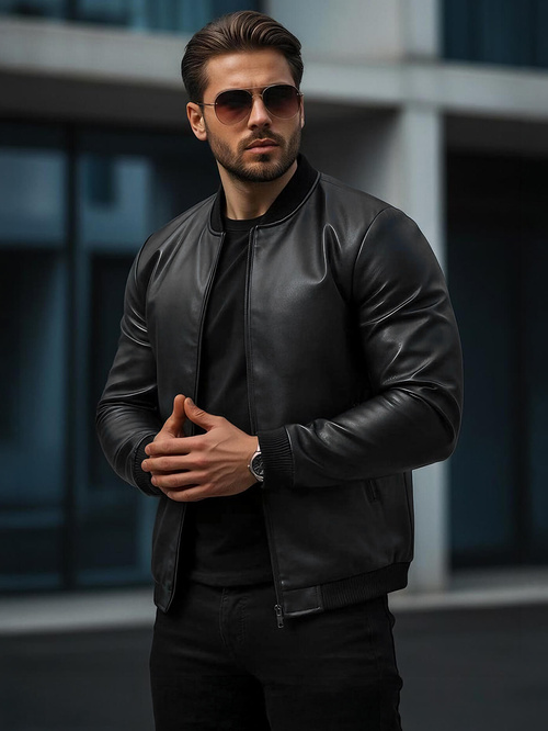 Men's Leather Jacket - Black OZONEE JS/11Z8015Z