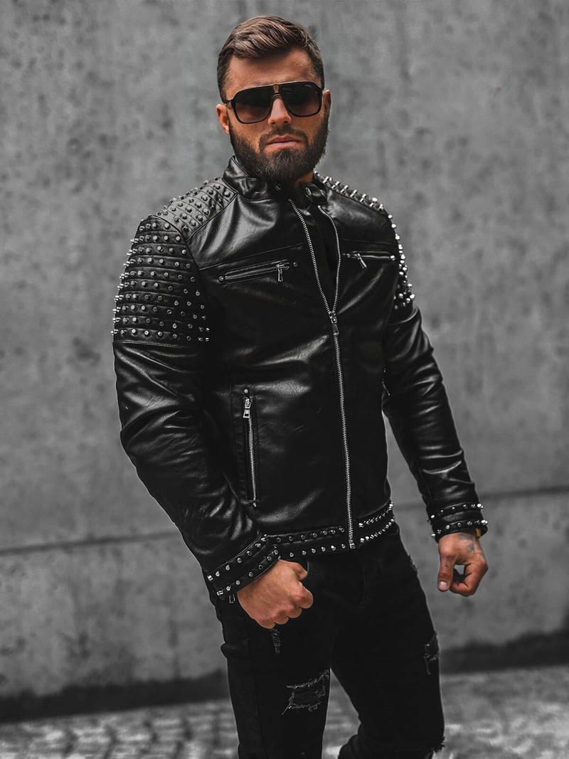 Men's Leather Jacket - Black OZONEE JS/11Z8007Z