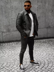 Men's Leather Jacket - Black OZONEE JS/11Z8005