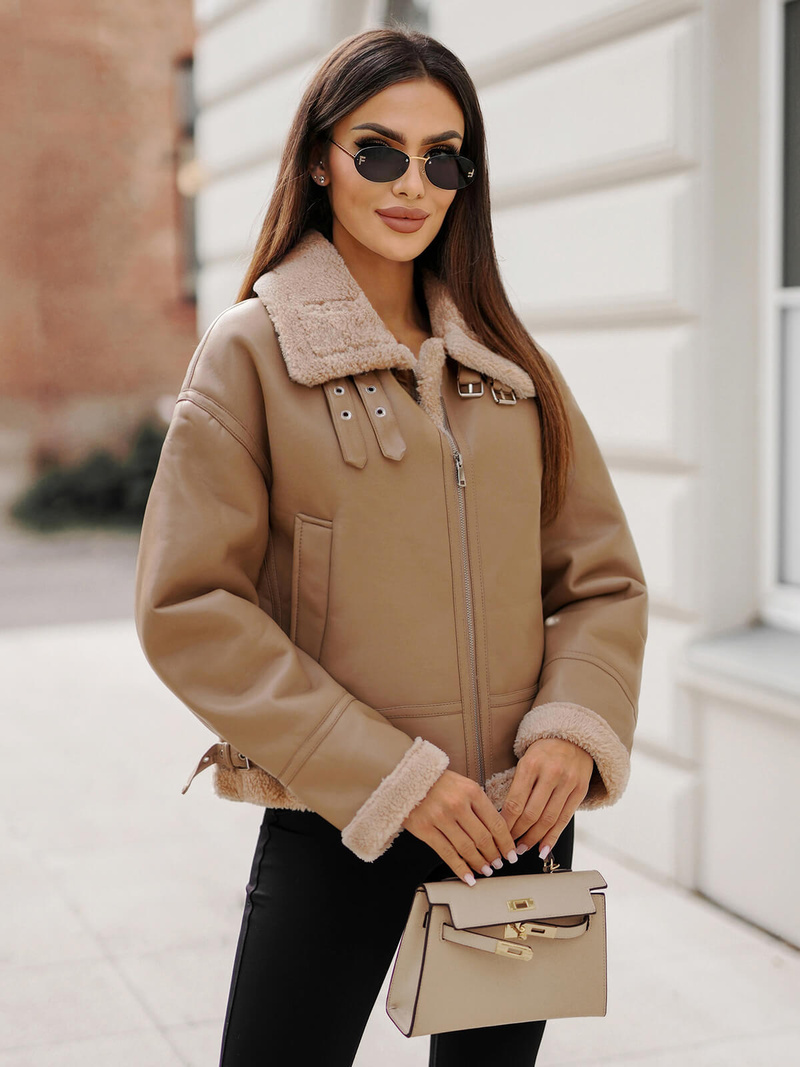 Women's Leather Jacket Beige OZONEE JS/11Z8176