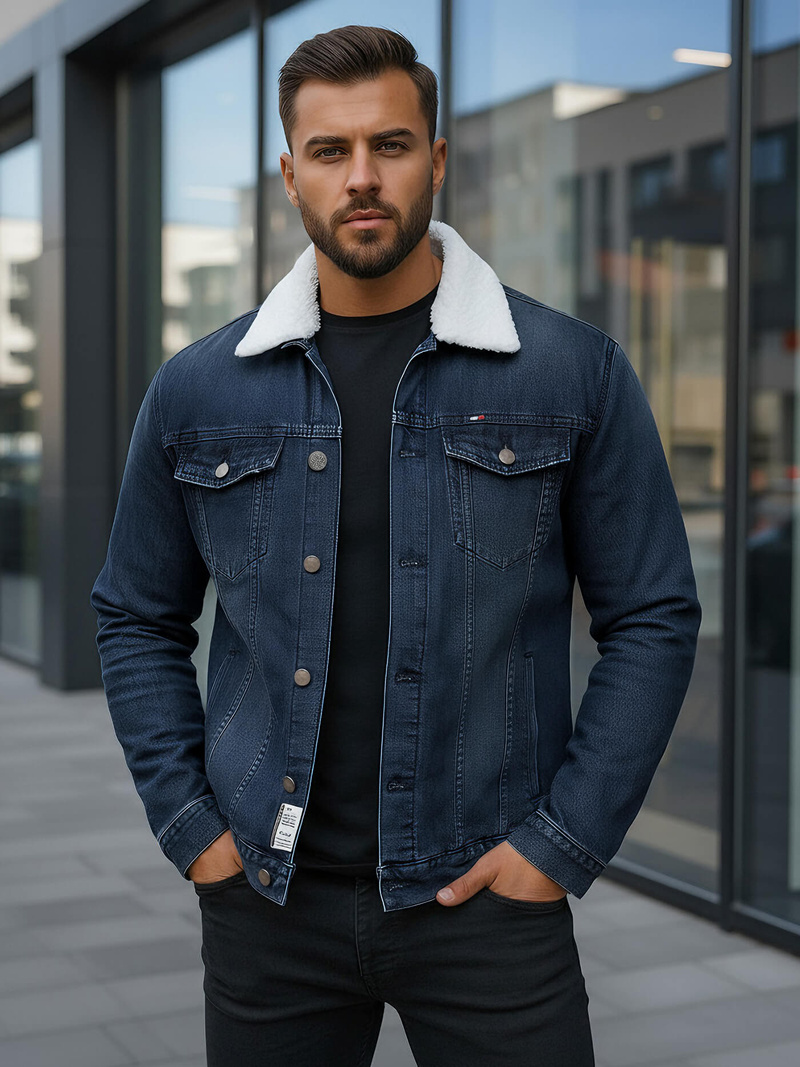 Men's Denim Jacket Sherpa Navy Blue OZONEE NB/MJ517BSZ